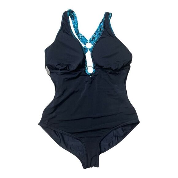 Venus Black Turquoise Print One-Piece Swimsuit Cross Strap Womens Plus Size 18 - Picture 5 of 11